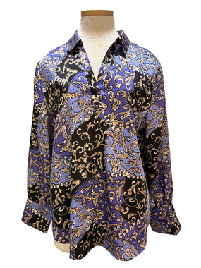 Chico’s sz L black, purple, and tan popover blouse
